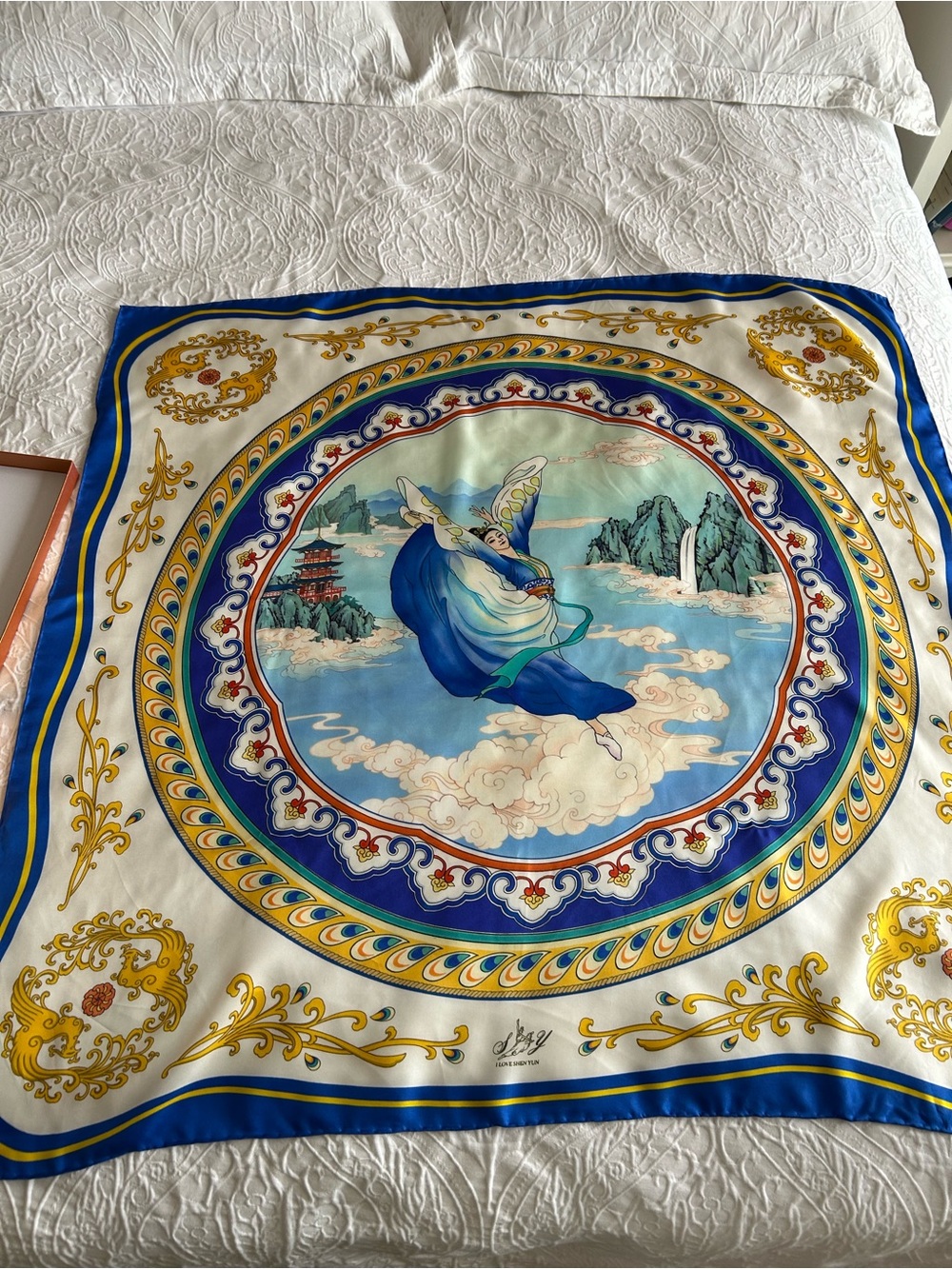 Silk-Feel Decorative Scarf Throw in Blue and Cream